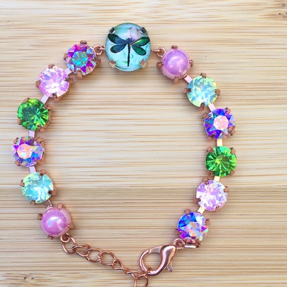 Pink Opal Aurora Borealis + Peridot Dragonfly Charm Crystal Tennis Bracelet - Picture 8 of 16